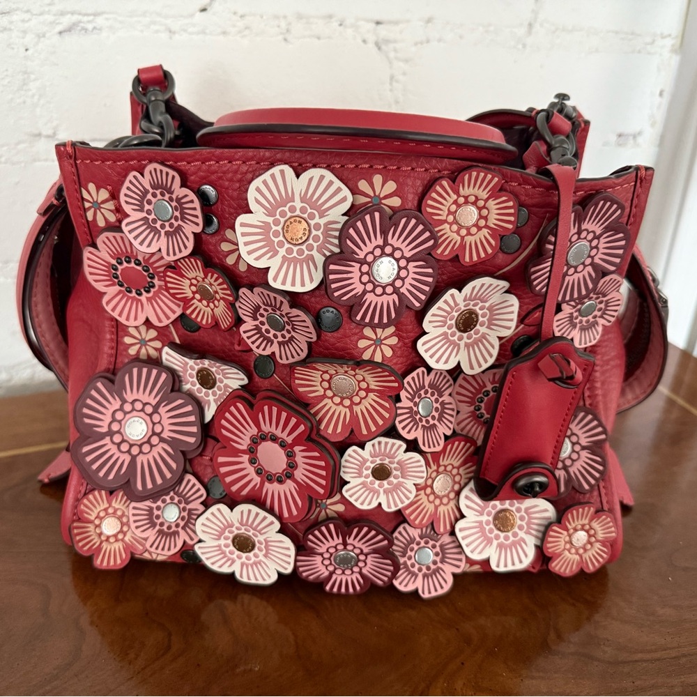 Coach Rogue 25 Red Leather Handbag with 3D Tea Rose Appliqué